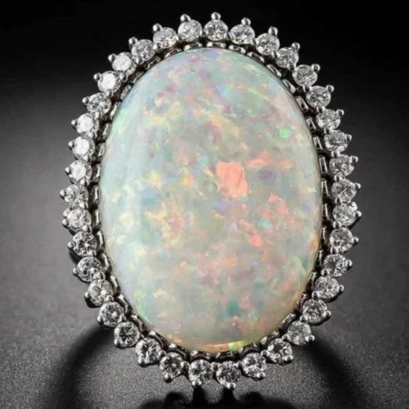 NEW HUGE OPAL DIAMOND HALO STERLING SILVER RING - Picture 1 of 5